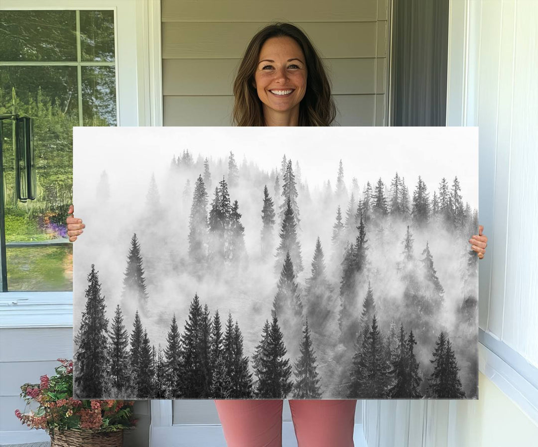 Forest Wall Art Print | Foggy Pine Forest Canvas Wall Art - Black and White Nature Decor for Living Room