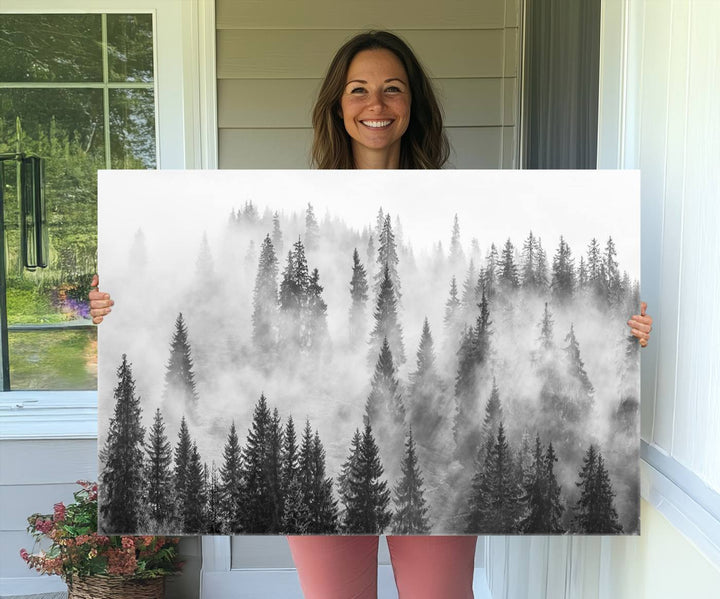 Forest Wall Art Print | Foggy Pine Forest Canvas Wall Art - Black and White Nature Decor for Living Room
