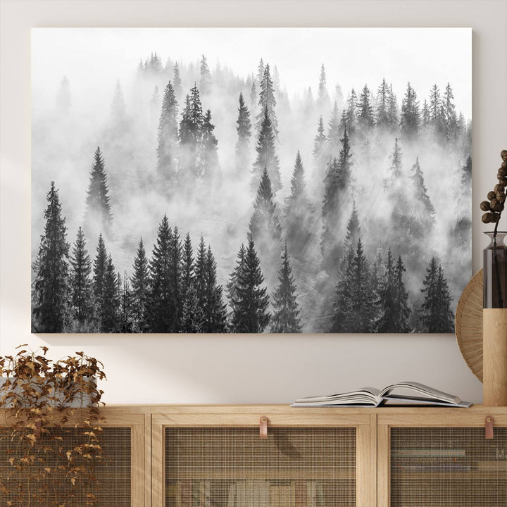 Forest Wall Art Print | Foggy Pine Forest Canvas Wall Art - Black and White Nature Decor for Living Room