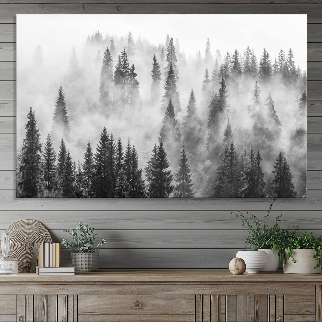 Forest Wall Art Print | Foggy Pine Forest Canvas Wall Art - Black and White Nature Decor for Living Room