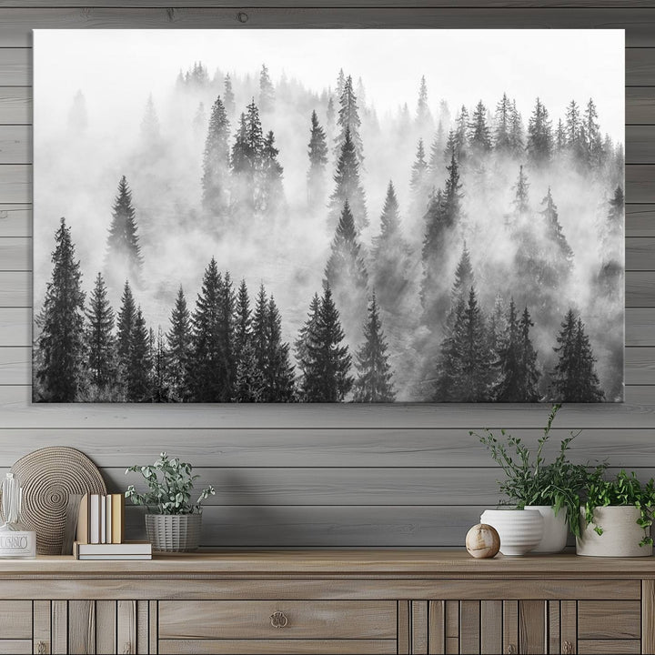 Forest Wall Art Print | Foggy Pine Forest Canvas Wall Art - Black and White Nature Decor for Living Room