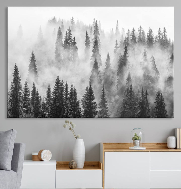 Forest Wall Art Print | Foggy Pine Forest Canvas Wall Art - Black and White Nature Decor for Living Room