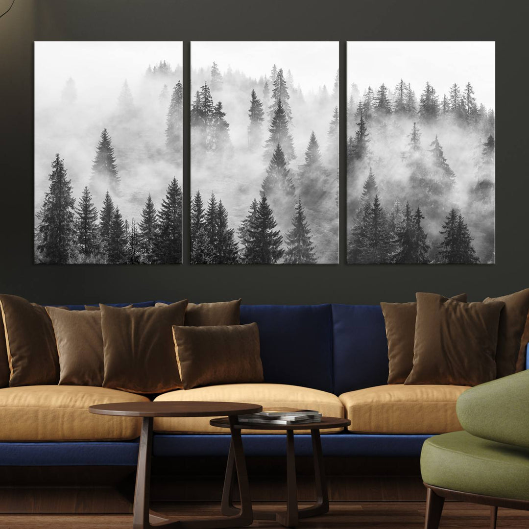 Forest Wall Art Print | Foggy Pine Forest Canvas Wall Art - Black and White Nature Decor for Living Room