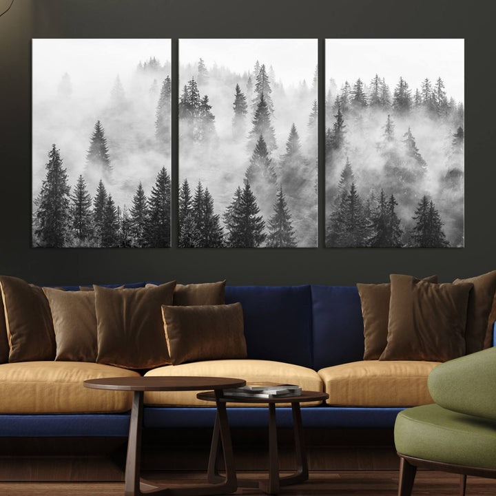 Forest Wall Art Print | Foggy Pine Forest Canvas Wall Art - Black and White Nature Decor for Living Room
