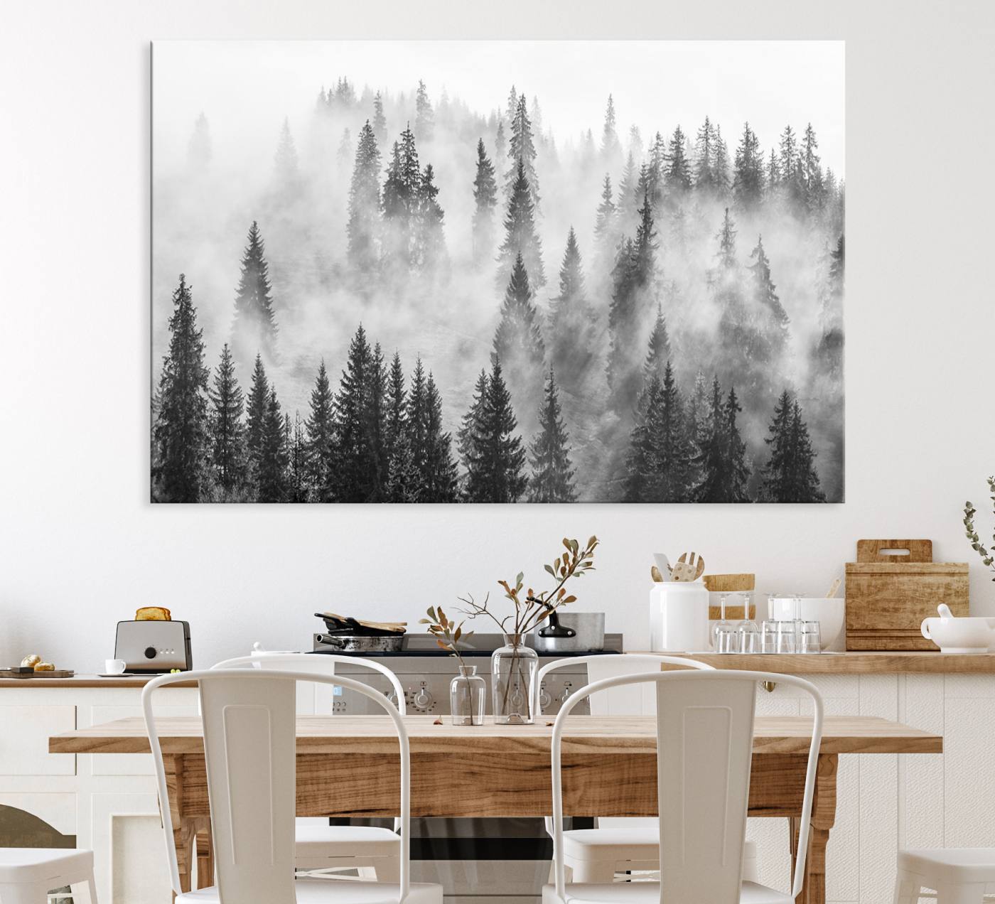10422-MGV-CV-40X27-Forest Wall Art Print | Foggy Pine Forest Canvas Wall Art - Black and White Nature Decor for Living Room