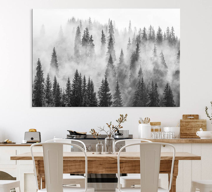 Forest Wall Art Print | Foggy Pine Forest Canvas Wall Art - Black and White Nature Decor for Living Room