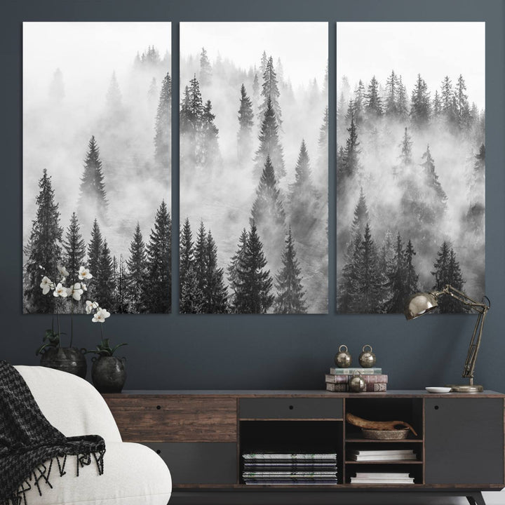 Forest Wall Art Print | Foggy Pine Forest Canvas Wall Art - Black and White Nature Decor for Living Room