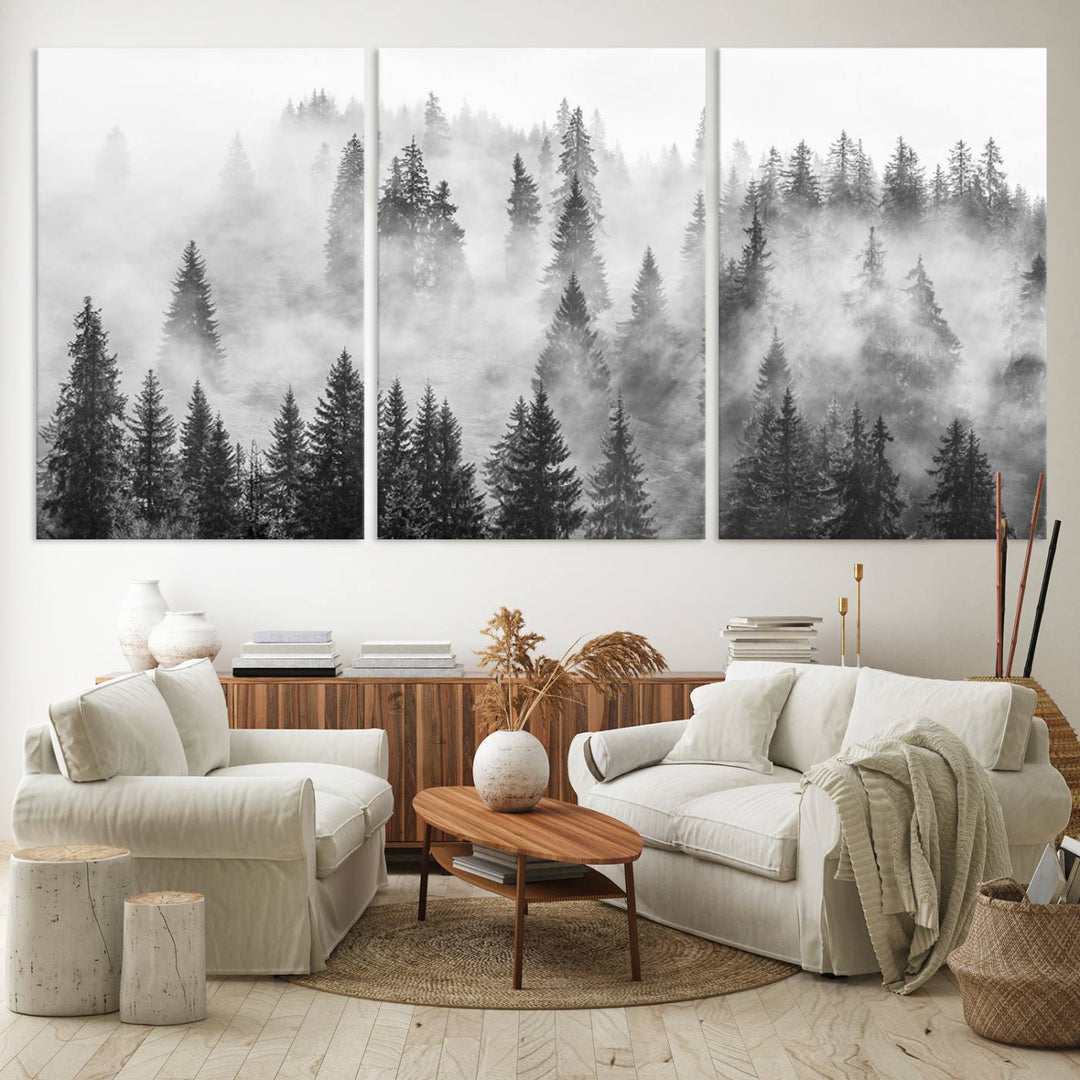 Forest Wall Art Print | Foggy Pine Forest Canvas Wall Art - Black and White Nature Decor for Living Room