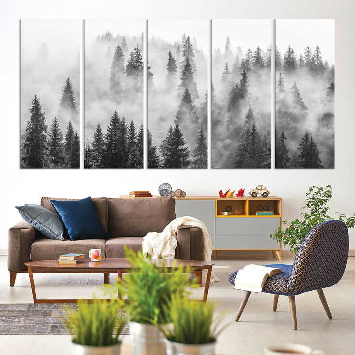 Forest Wall Art Print | Foggy Pine Forest Canvas Wall Art - Black and White Nature Decor for Living Room