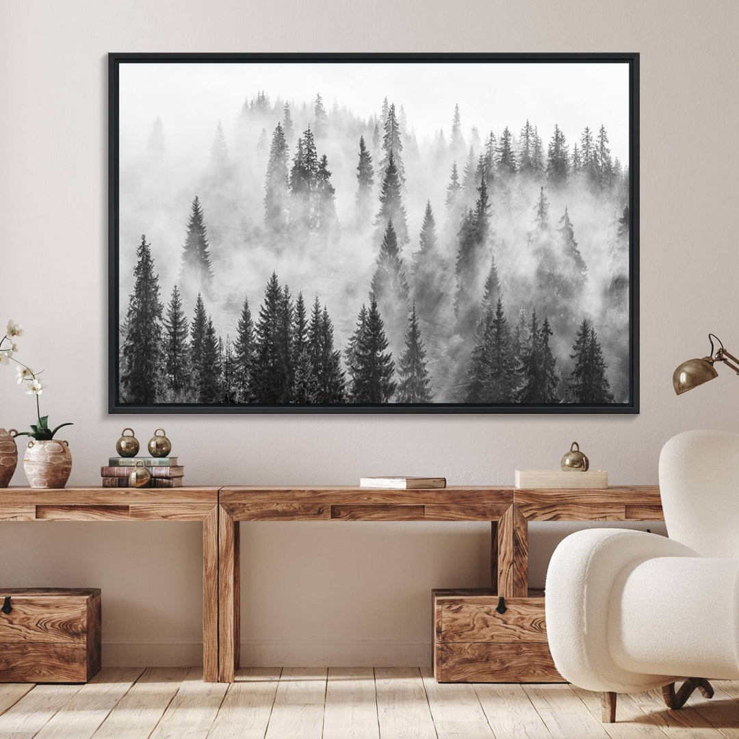 10422-MGV-FC-36X24_Black-Forest Wall Art Print | Foggy Pine Forest Canvas Wall Art - Black and White Nature Decor for Living Room