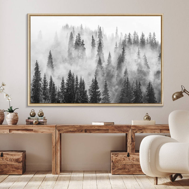 Forest Wall Art Print | Foggy Pine Forest Canvas Wall Art - Black and White Nature Decor for Living Room