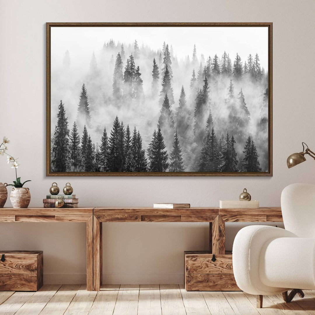 Forest Wall Art Print | Foggy Pine Forest Canvas Wall Art - Black and White Nature Decor for Living Room