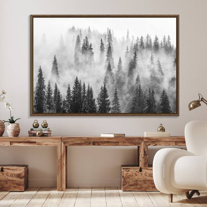Forest Wall Art Print | Foggy Pine Forest Canvas Wall Art - Black and White Nature Decor for Living Room