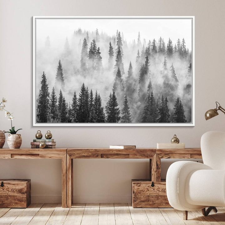 10422-MGV-FC-36X24_White-Forest Wall Art Print | Foggy Pine Forest Canvas Wall Art - Black and White Nature Decor for Living Room