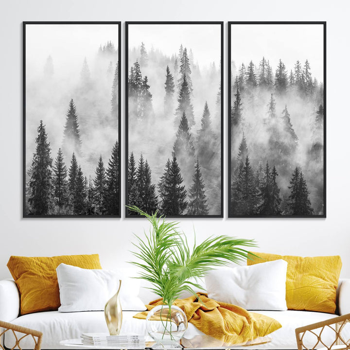 10422-MGV-FC-48X32-3P_Black-Forest Wall Art Print | Foggy Pine Forest Canvas Wall Art - Black and White Nature Decor for Living Room