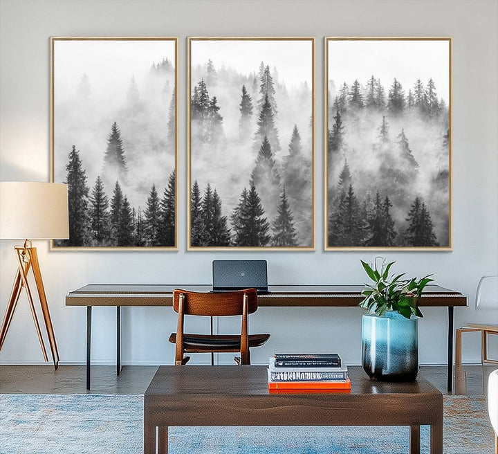 10422-MGV-FC-48X32-3P_Natural-Forest Wall Art Print | Foggy Pine Forest Canvas Wall Art - Black and White Nature Decor for Living Room