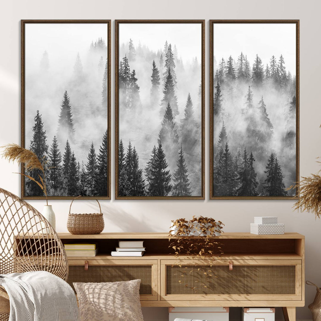 10422-MGV-FC-48X32-3P_Walnut-Forest Wall Art Print | Foggy Pine Forest Canvas Wall Art - Black and White Nature Decor for Living Room