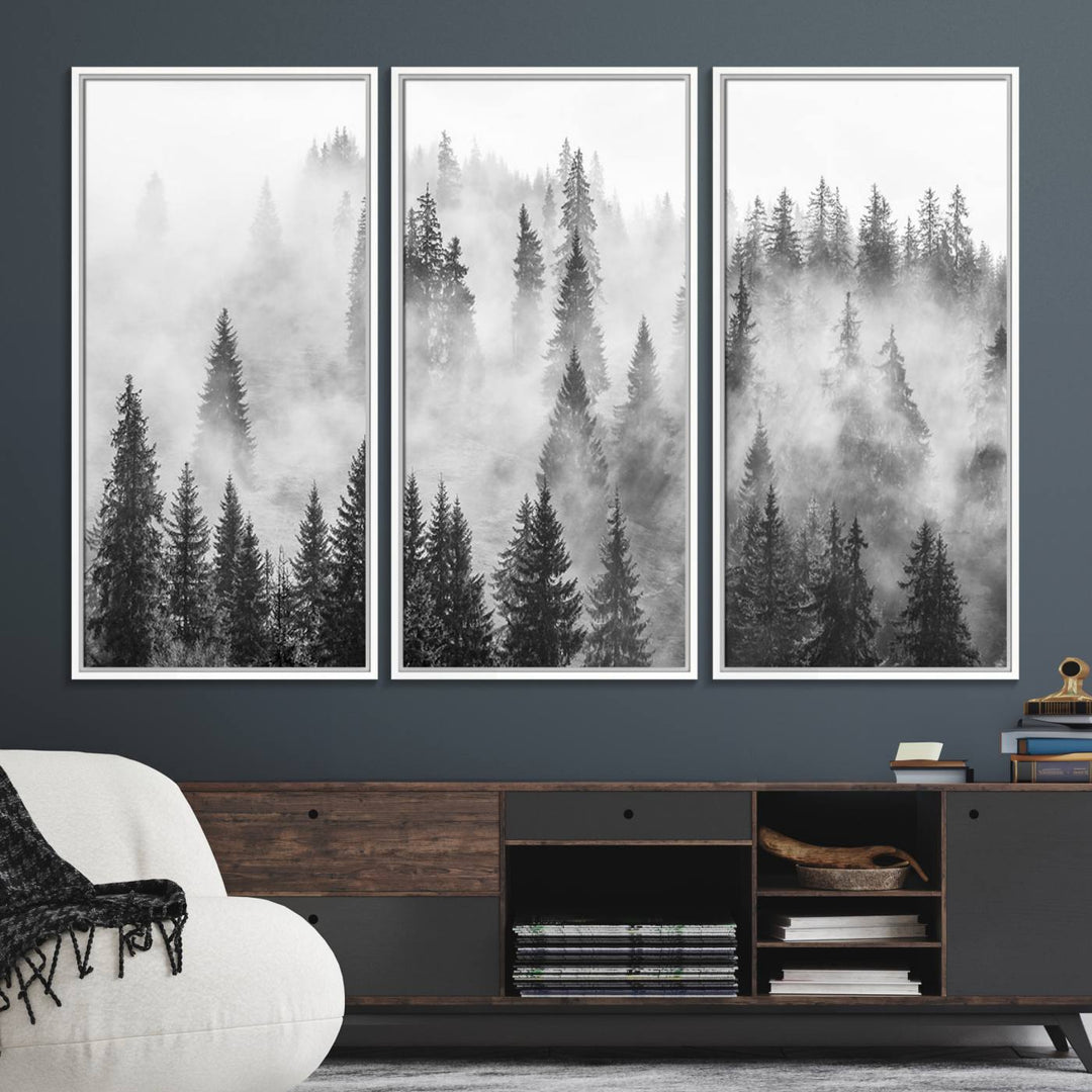 10422-MGV-FC-48X32-3P_White-Forest Wall Art Print | Foggy Pine Forest Canvas Wall Art - Black and White Nature Decor for Living Room