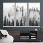 10422-MGV-FC-48X32-3P_White-Forest Wall Art Print | Foggy Pine Forest Canvas Wall Art - Black and White Nature Decor for Living Room