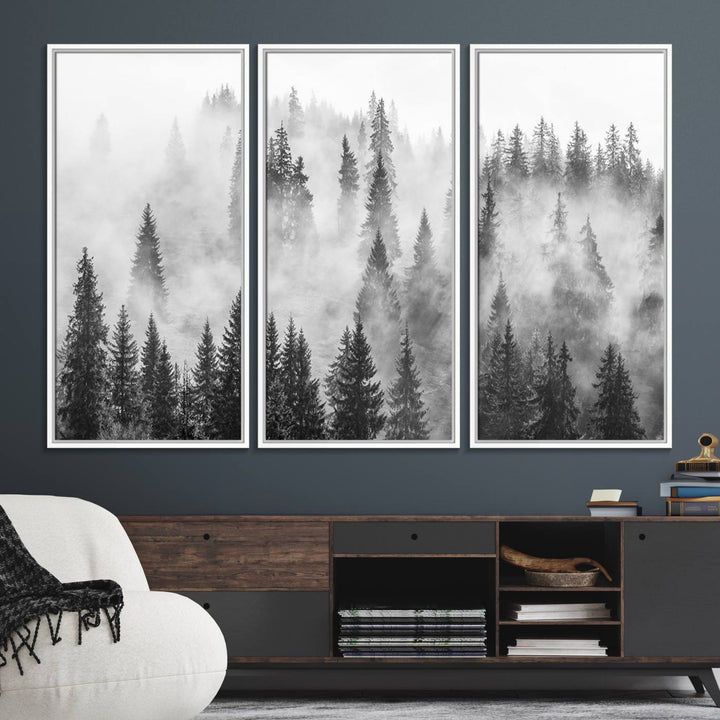 10422-MGV-FC-48X32-3P_White-Forest Wall Art Print | Foggy Pine Forest Canvas Wall Art - Black and White Nature Decor for Living Room