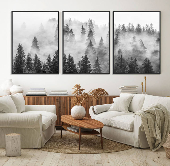 10422-MGV-FC-60X30-3P_Black-Forest Wall Art Print | Foggy Pine Forest Canvas Wall Art - Black and White Nature Decor for Living Room