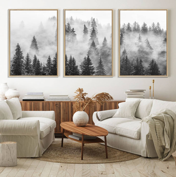10422-MGV-FC-60X30-3P_Natural-Forest Wall Art Print | Foggy Pine Forest Canvas Wall Art - Black and White Nature Decor for Living Room