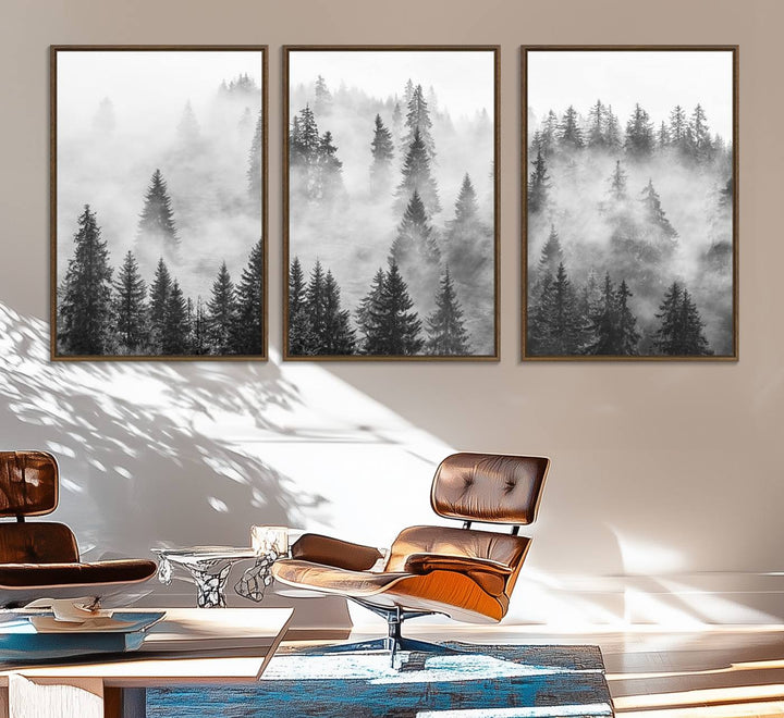 10422-MGV-FC-60X30-3P_Walnut-Forest Wall Art Print | Foggy Pine Forest Canvas Wall Art - Black and White Nature Decor for Living Room
