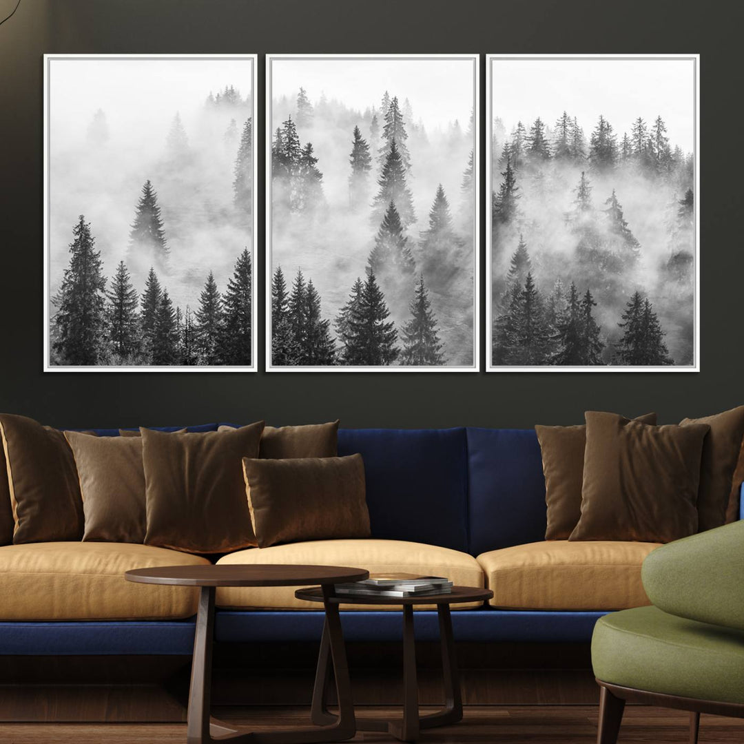 10422-MGV-FC-60X30-3P_White-Forest Wall Art Print | Foggy Pine Forest Canvas Wall Art - Black and White Nature Decor for Living Room