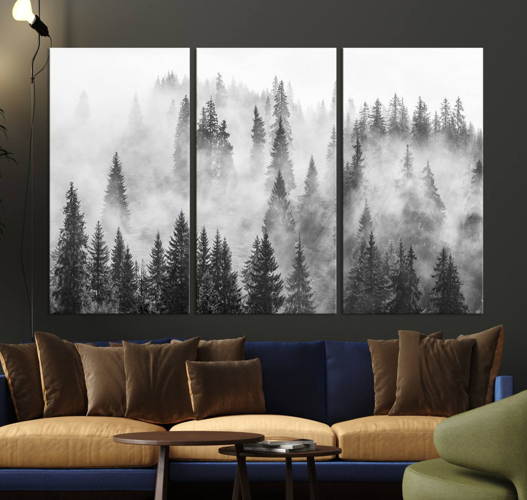 Forest Wall Art Print | Foggy Pine Forest Canvas Wall Art - Black and White Nature Decor for Living Room