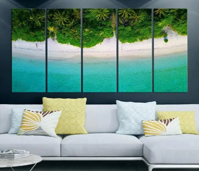 The Forest and Aerial Ocean Wall Art Canvas Print depicts a tropical beach scene, showcasing turquoise waters, white sand, and lush green trees. This triptych is gallery wrapped on museum-quality canvas and features a UV-protective coating to maintain its vibrant colors.