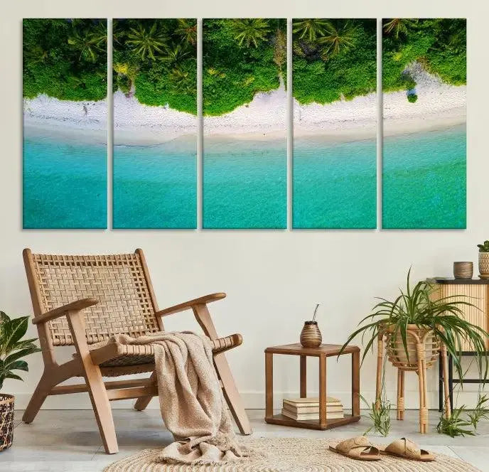 The Forest and Aerial Ocean Wall Art Canvas Print depicts a tropical beach scene, showcasing turquoise waters, white sand, and lush green trees. This triptych is gallery wrapped on museum-quality canvas and features a UV-protective coating to maintain its vibrant colors.