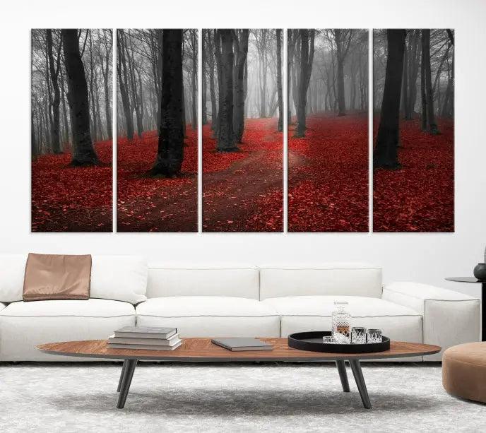 The "Forest and Autumn Wall Art Canvas Print" features a museum-quality multi-panel design and a UV-protective coating to maintain its vibrancy, creating a stunning focal point in the contemporary living room.