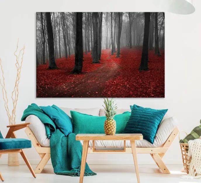 The "Forest and Autumn Wall Art Canvas Print" features a museum-quality multi-panel design and a UV-protective coating to maintain its vibrancy, creating a stunning focal point in the contemporary living room.