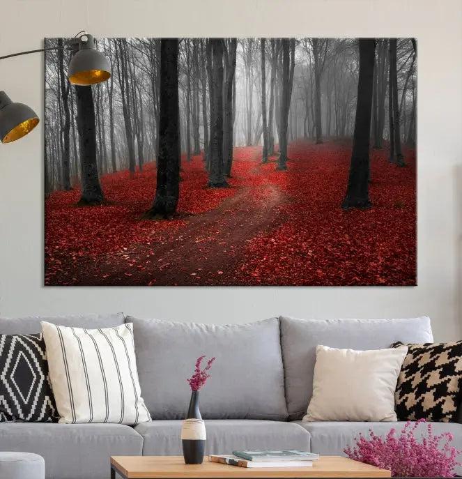 The "Forest and Autumn Wall Art Canvas Print" features a museum-quality multi-panel design and a UV-protective coating to maintain its vibrancy, creating a stunning focal point in the contemporary living room.