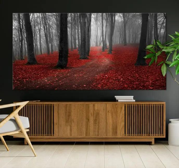 The "Forest and Autumn Wall Art Canvas Print" features a museum-quality multi-panel design and a UV-protective coating to maintain its vibrancy, creating a stunning focal point in the contemporary living room.