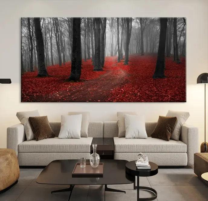 The "Forest and Autumn Wall Art Canvas Print" features a museum-quality multi-panel design and a UV-protective coating to maintain its vibrancy, creating a stunning focal point in the contemporary living room.