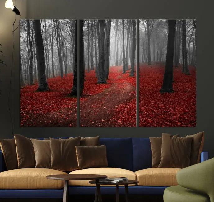 The "Forest and Autumn Wall Art Canvas Print" features a museum-quality multi-panel design and a UV-protective coating to maintain its vibrancy, creating a stunning focal point in the contemporary living room.