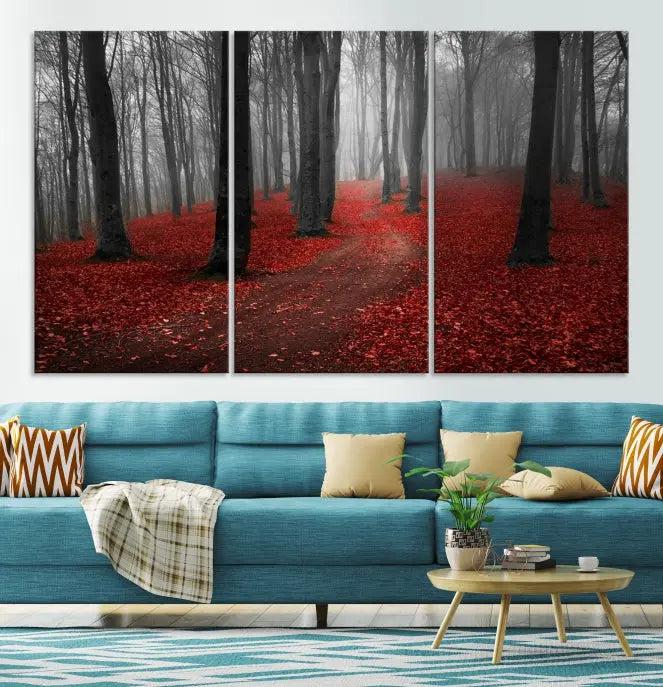 The "Forest and Autumn Wall Art Canvas Print" features a museum-quality multi-panel design and a UV-protective coating to maintain its vibrancy, creating a stunning focal point in the contemporary living room.