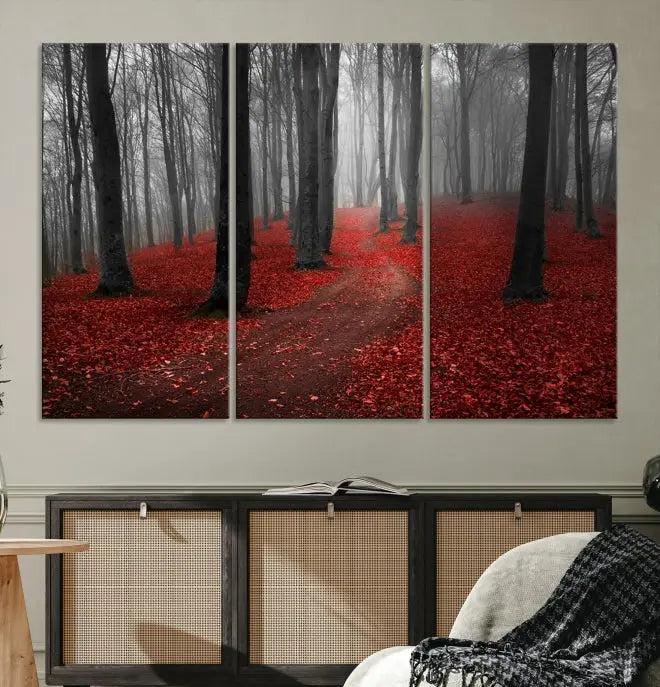 The "Forest and Autumn Wall Art Canvas Print" features a museum-quality multi-panel design and a UV-protective coating to maintain its vibrancy, creating a stunning focal point in the contemporary living room.