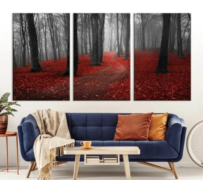 The "Forest and Autumn Wall Art Canvas Print" features a museum-quality multi-panel design and a UV-protective coating to maintain its vibrancy, creating a stunning focal point in the contemporary living room.