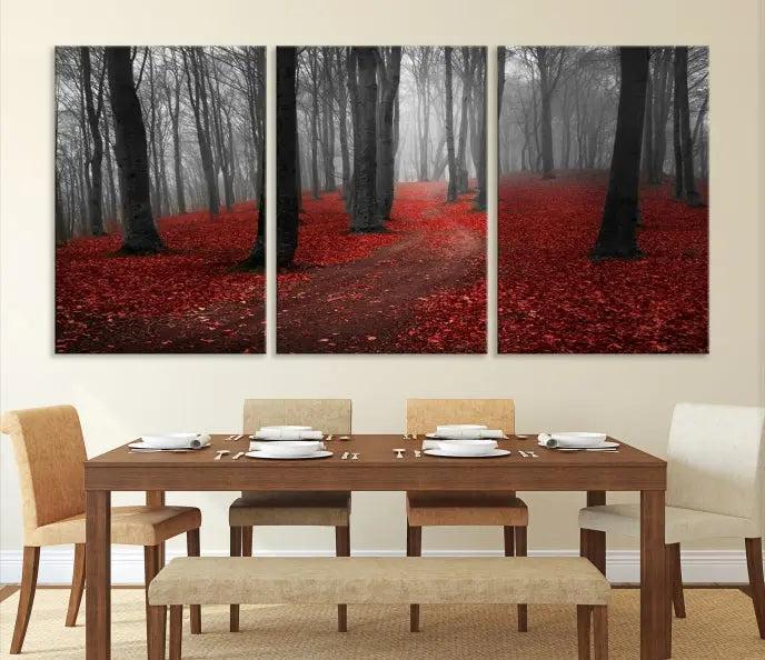 The "Forest and Autumn Wall Art Canvas Print" features a museum-quality multi-panel design and a UV-protective coating to maintain its vibrancy, creating a stunning focal point in the contemporary living room.