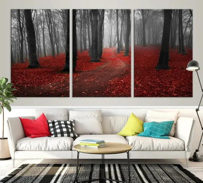 The "Forest and Autumn Wall Art Canvas Print" features a museum-quality multi-panel design and a UV-protective coating to maintain its vibrancy, creating a stunning focal point in the contemporary living room.