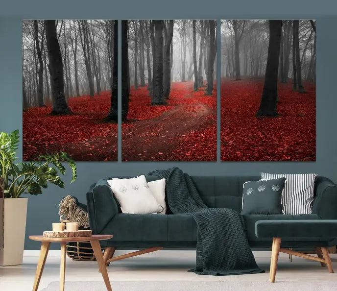 The "Forest and Autumn Wall Art Canvas Print" features a museum-quality multi-panel design and a UV-protective coating to maintain its vibrancy, creating a stunning focal point in the contemporary living room.