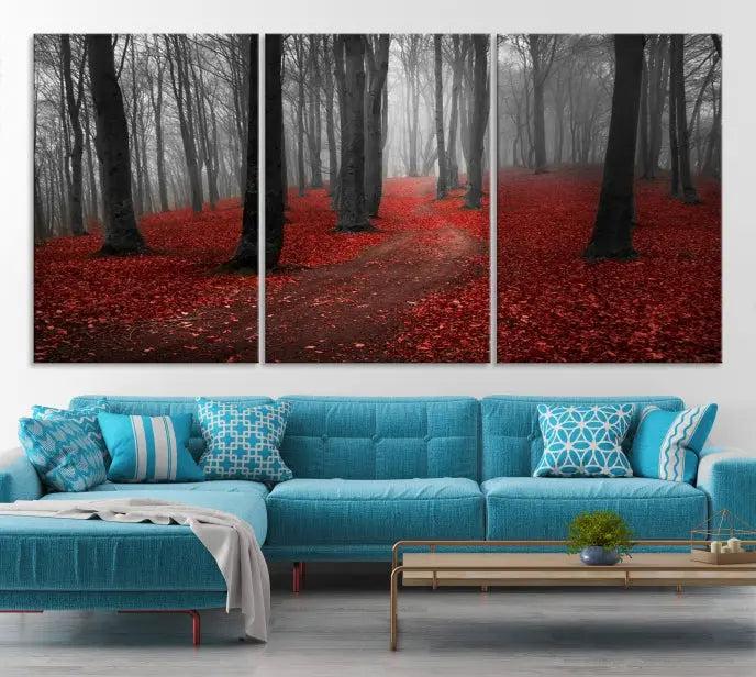 The "Forest and Autumn Wall Art Canvas Print" features a museum-quality multi-panel design and a UV-protective coating to maintain its vibrancy, creating a stunning focal point in the contemporary living room.