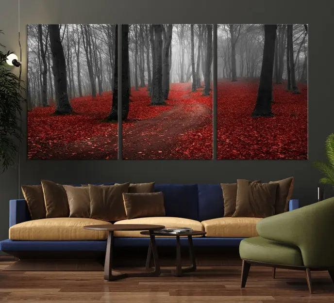 The "Forest and Autumn Wall Art Canvas Print" features a museum-quality multi-panel design and a UV-protective coating to maintain its vibrancy, creating a stunning focal point in the contemporary living room.