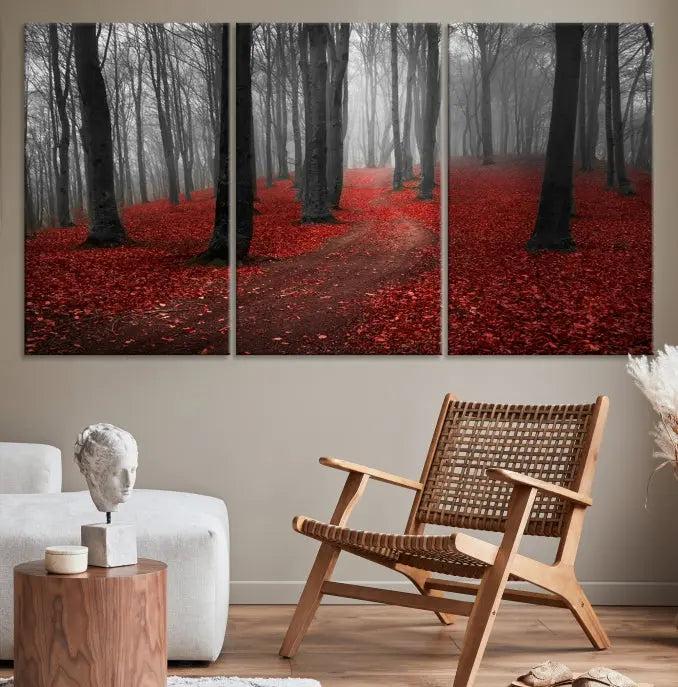 The "Forest and Autumn Wall Art Canvas Print" features a museum-quality multi-panel design and a UV-protective coating to maintain its vibrancy, creating a stunning focal point in the contemporary living room.