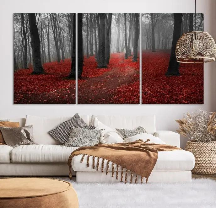 The "Forest and Autumn Wall Art Canvas Print" features a museum-quality multi-panel design and a UV-protective coating to maintain its vibrancy, creating a stunning focal point in the contemporary living room.