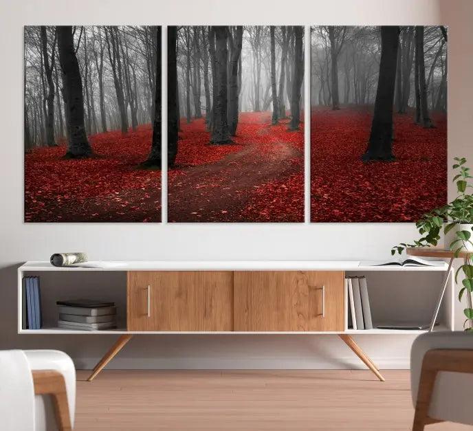 The "Forest and Autumn Wall Art Canvas Print" features a museum-quality multi-panel design and a UV-protective coating to maintain its vibrancy, creating a stunning focal point in the contemporary living room.