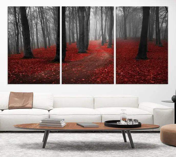 The "Forest and Autumn Wall Art Canvas Print" features a museum-quality multi-panel design and a UV-protective coating to maintain its vibrancy, creating a stunning focal point in the contemporary living room.