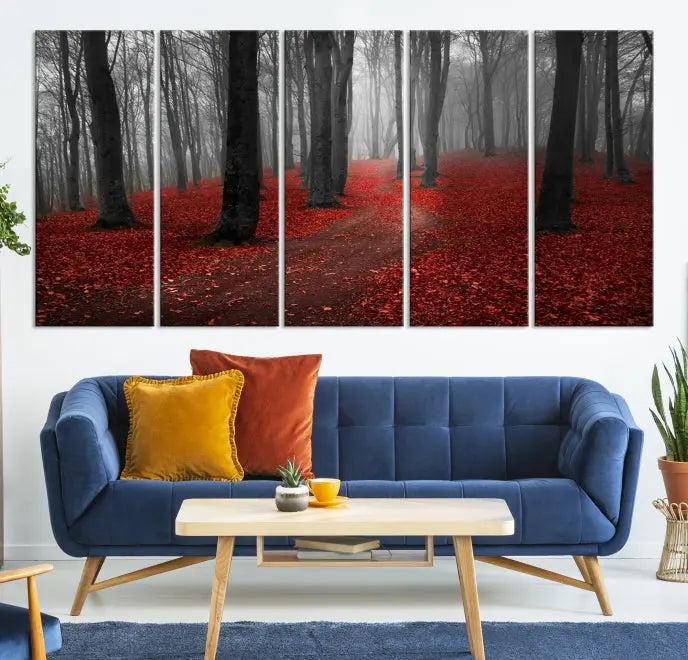 The "Forest and Autumn Wall Art Canvas Print" features a museum-quality multi-panel design and a UV-protective coating to maintain its vibrancy, creating a stunning focal point in the contemporary living room.